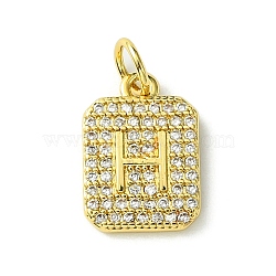 Rack Plating Brass Micro Pave Clear Cubic Zirconia Charms, Long-Lasting Plated, Lead Free & Cadmium Free, Rectangle with Letter Pattern, with Jump Ring, Real 18K Gold Plated, Letter H, 14x9.5x2mm, Hole: 3mm(KK-G501-01H-G)