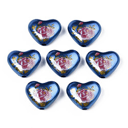 Spray Painted Opaque Acrylic Beads, Heart with Flower, Marine Blue, 16x19x8mm, Hole: 2mm(SACR-S305-28-D04)