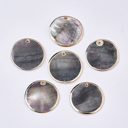 Natural Black Lip Shell Pendants, with Brass Findings, Edge Golden Plated, Flat Round, Gray, 25x1.5~2.5mm, Hole: 1.5mm(SSHEL-T012-02)