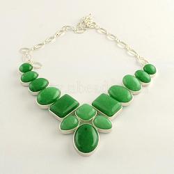 Natural Malaysia Jade Gemstone Bib Statement Necklaces with Alloy Cabochon Settings and Silver Color Plated Brass Chains, 19.3 inch(NJEW-R224-02E-B)