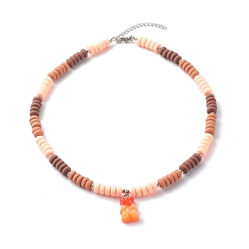 Polymer Clay Beaded Necklaces, with Resin Bear Pendants, Coral, 16.34 inch(415mm)