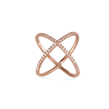 Vogue Design Rose Gold Plated Brass Finger Ring, Criss Cross Ring, Double Rings, X Rings, with  Micro Pave AAA Zircon Criss Cross, Rose Gold, 17mm