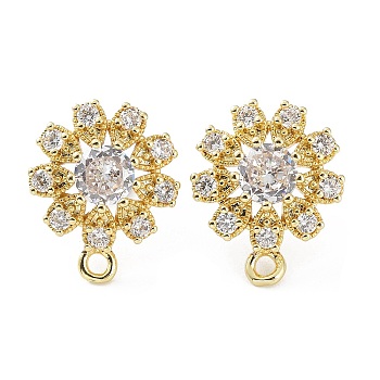 Hollow Flower Brass Micro Pave Cubic Zirconia Stud Earrings Finding, with Horizontal Loops, Cadmium Free & Lead Free, Real 18K Gold Plated, 18.5x15mm, Hole: 1.8mm, Pin: 0.8mm