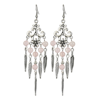 Natural Rose Quartz Beaded Chandelier Earrings, Alloy Feather Tassel Earrings with 304 Stainless Steel Pins, 102x30mm