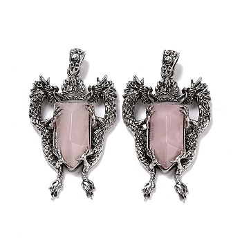 Natural Rose Quartz Faceted Big Pendants, Dragon Charms, with Antique Silver Plated Alloy Findings, 52x33x8mm, Hole: 6x4mm