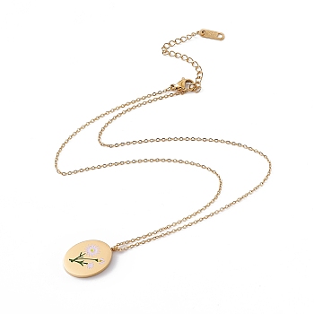 Enamel Oval with Birth Flower Pendant Necklace, Golden 304 Stainless Steel Jewelry for Women, September Aster, 15.67~16.26 inch(39.8~41.3cm)