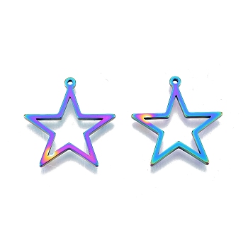 Ion Plating(IP) 201 Stainless Steel Pendants, Star, Rainbow Color, 26x25x1.5mm, Hole: 1.2mm