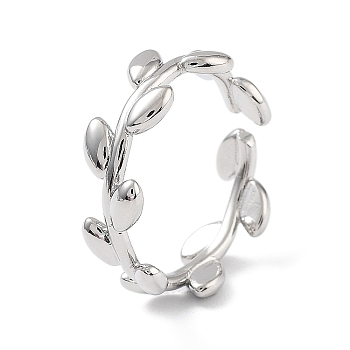 Brass Open Cuff Rings for Women, Leaf, Platinum, Inner Diameter: 19mm