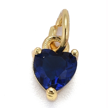 Brass Micro Pave Cubic Zirconia Charms, Long-Lasting Plated, Real 18K Gold Plated, Heart, Medium Blue, 8x5x3.5mm, Hole: 3mm