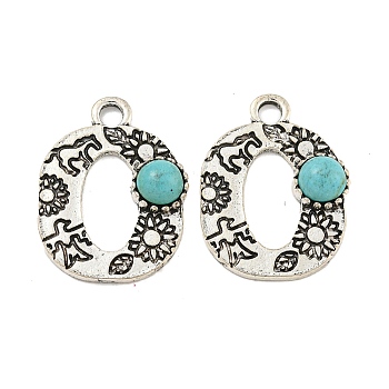 Synthetic Turquoise & Alloy Pendants, Letter Charms, Antique Silver, Letter O, 25x19x4.5mm, Hole: 3mm