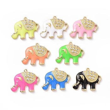 Rack Plating Brass Micro Pave Clear Cubic Zirconia Pendants, with Enamel, Real 18K Gold Plated, Cadmium Free & Lead Free, Elephant, Mixed Color, 25x32x4mm, Hole: 3.5x1.5mm
