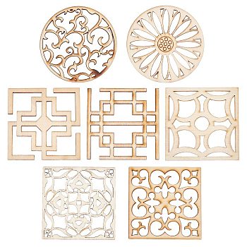 14Pcs 7 Style Laser Cut Wooden Wall Sculpture, Hollow out Wood Art, Home Decorations, Square & Flat Round, Antique White, 62~62.5x62~62.5x2.5mm, 2pcs/style