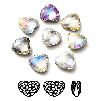 K9 Glass Rhinestone Cabochons, Flat Back & Back Plated, Faceted, Heart, Mixed Color, 10x10x4mm