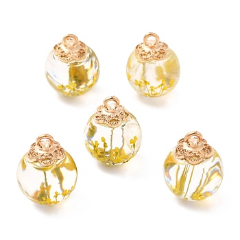 Glass Dried Flower Big Pendants, with Alloy Findings, Round, Light Gold, Light Khaki, 21x16mm, Hole: 2mm