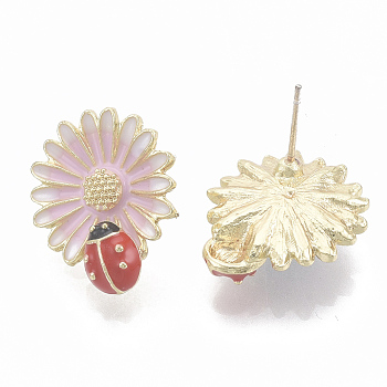 Alloy Enamel Ear Studs, Daisy with Ladybird, Light Gold, Pink, 18.5x16mm, Pin: 0.7mm