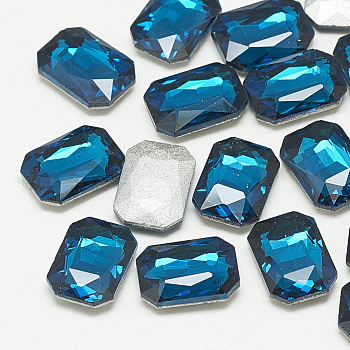 Pointed Back Glass Rhinestone Cabochons, Faceted, Rectangle Octagon, Capri Blue, 6x4x2mm