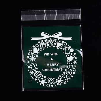 Rectangle OPP Cellophane Bags for Christmas, with Wreath Pattern, Dark Green, 14x9.9cm, Unilateral Thickness: 0.035mm, Inner Measure: 11x9.9cm, about 95~100pcs/bag