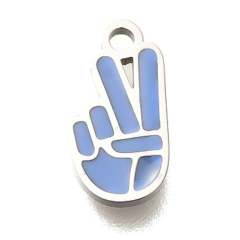 304 Stainless Steel Charms, with Enamel, Yeah Gesture Charm, Light Steel Blue, 10x5.5x1mm, Hole: 1.2mm