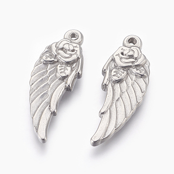 304 Stainless Steel Pendants, Double-sided, Wing, Stainless Steel Color, 32x12x3.5mm, Hole: 1.6mm
