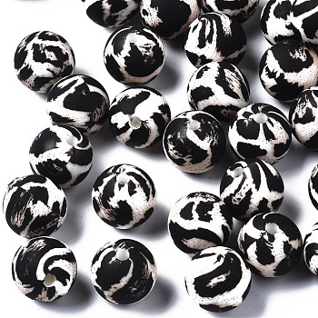 Food Grade Eco-Friendly Silicone Beads, Chewing Beads For Teethers, Printed, Round with Snakeskin Pattern, Black, 12x11.5mm, Hole: 2.5mm