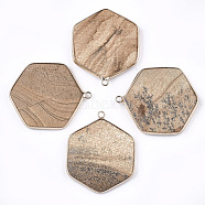 Natural Picture Jasper Pendants, with Brass Findings, Faceted, Hexagon, Golden, 44~45x36~37x5~6mm, Hole: 2mm(G-T112-19D)