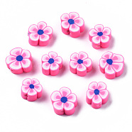 Handmade Polymer Clay Beads, Flower, Hot Pink, 7~10x7~11x3~5mm, Hole: 1.6mm(X1-CLAY-S096-006F)