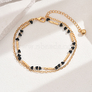 Fashionable Real 18K Gold Plated Brass Glass Double Layers Anklets for Women's Beachwear, Black, 8-1/8 inch(20.5cm)(HR3444-5)