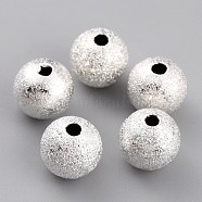 Long-Lasting Plated Brass Beads, Textured Beads, Round, 925 Sterling Silver Plated, 8x7.5mm, Hole: 2mm(KK-O133-004D-S)