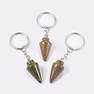 Natural Unakite Keychain, with Iron Key Rings, Platinum, 78mm, Pendant: 32x14mm(KEYC-P041-A01)