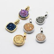 Electroplated Natural Druzy Agate Charms, with Brass Findings, Long-Lasting Plated, Mixed Shapes, Mixed Color, 13~14.5x10~12x3~4.5mm, Hole: 2x3mm(G-G720-09)