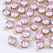 Transparent Glass Links connectors, with Brass Findings, Faceted, Flat Round, Light Gold, Pearl Pink, 12x7.5x5mm, Hole: 1.2mm(GLAA-T007-12C)