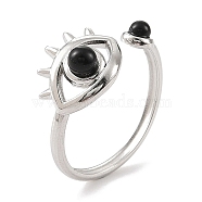 Natural Black Agate Finger Rings, Eye 304 Stainless Steel Cuff Rings for Women, Stainless Steel Color, 10.5mm, Inner Diameter: 19mm(RJEW-F166-57P)