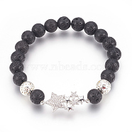 Stretch Bracelets, with Long-Lasting Plated Electroplated Natural Lava Rock, Natural Lava Rock and Brass Cubic Zirconia Beads, Star, Platinum & Silver, 2-3/8 inch(6cm)(BJEW-G601-10P)
