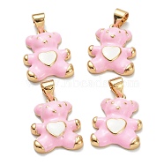 Brass Enamel Pendants, Real 18K Gold Plated, Long-Lasting Plated, Bear with Heart, Pink, 18x13.5x4mm, Hole: 5x3.5mm(KK-A153-06G-B)