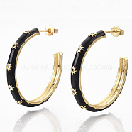 Brass Micro Pave Colorful Cubic Zirconia Stud Earrings, Half Hoop Earrings, with Enamel and Ear Nuts, Real 18K Gold Plated, Sun Pattern, Black, 34~35x34.5x4mm, Pin: 0.7mm(EJEW-S209-14A)