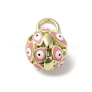 Brass Enamel Charms, with Jump Ring, Real 18K Gold Plated, Round with Evil Eye Charm, Pink, 12.5x10mm, Hole: 3.6mm(KK-E092-12G-04)