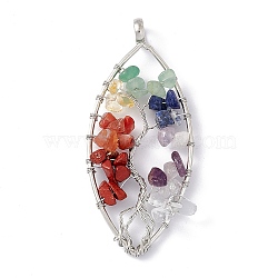 7 Chakra Leaf Natural Mixed Stone Copper Wire Wrapped Chip Big Pendants, Tree of Life Charm, with Platinum Tone Iron Findings, 68x30x8mm, Hole: 6.2mm(G-E195-01P-01)