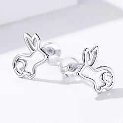 Anti-Tarnish Rhodium Plated 925 Sterling Silver Bunny Stud Earrings, Rabbit Silhouette, with 925 Stamp, Platinum, 12x9mm(EJEW-FF0009-08P)