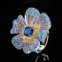 Brass Micro Pave Cubic Zirconia Cuff Open Rings for Women, Flower, Platinum, Blue, US Size 4 1/4(15mm)~20mm(FS-WGA4770-02)