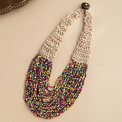 Bohemia Style Multi-strand Glass Seed Beaded Bib Necklaces for Women, Wax Cord Knitting Necklaces with Coconut Clasp, Colorful, 19.09 inch(48.5cm)(NJEW-G149-01C)