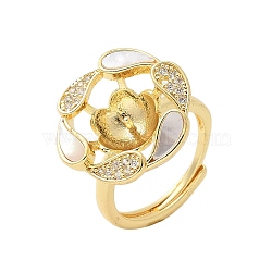 Flower Brass Shell & Cubic Zirconia Adjustable Ring Settings, for Half Drilled Beads, Rack Plating, Long-Lasting Plated, Lead Free & Cadmium Free, Golden, Inner Diameter: 16mm, Tray: 17x18.5mm, Pin: 5x0.8mm(KK-K297-07G)