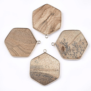 Natural Picture Jasper Pendants, with Brass Findings, Faceted, Hexagon, Golden, 44~45x36~37x5~6mm, Hole: 2mm