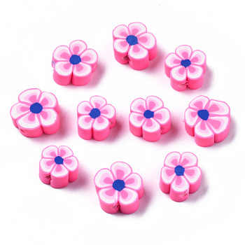 Handmade Polymer Clay Beads, Flower, Hot Pink, 7~10x7~11x3~5mm, Hole: 1.6mm