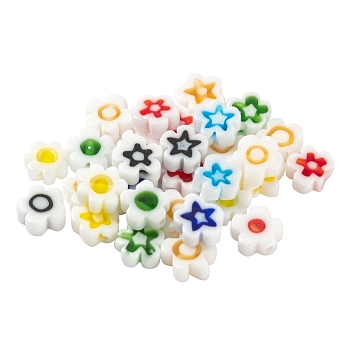 30Pcs Handmade Millefiori Glass Beads, Plum Flower, White, 6.4x3.2mm, Hole: 1mm, 30Pcs/Bag