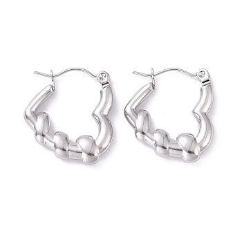 304 Stainless Steel Heart Hoop Earrings for Women, Stainless Steel Color, 20x18.5x3.5mm, Pin: 0.8mm