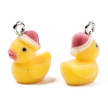 Flocky Resin Pendants, with Iron Loops, Gold, Duck, Platinum, 22x17x13.5mm, Hole: 2.5mm