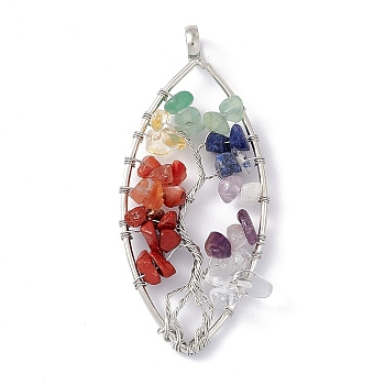 7 Chakra Leaf Natural Mixed Stone Copper Wire Wrapped Chip Big Pendants, Tree of Life Charm, with Platinum Tone Iron Findings, 68x30x8mm, Hole: 6.2mm