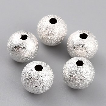 Long-Lasting Plated Brass Beads, Textured Beads, Round, 925 Sterling Silver Plated, 8x7.5mm, Hole: 2mm