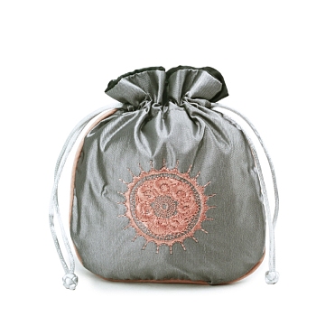 Chinese Style Rectangle Brocade Drawstring Bags, Organza Pouches Gift Jewelry Packaging Bag, Silver, 15x13cm