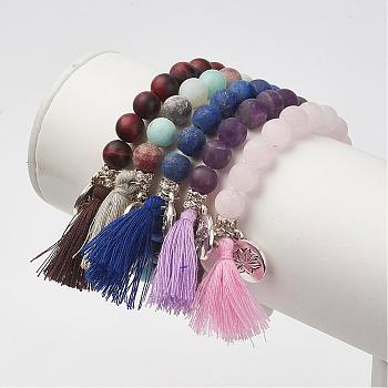 Natural Gemstone Beads Stretch Bracelets, with Brass & Alloy Findings & Tassel Pendants, Frosted, Round & Buddha Head, Burlap Packing, 2-1/8 inch(53mm)